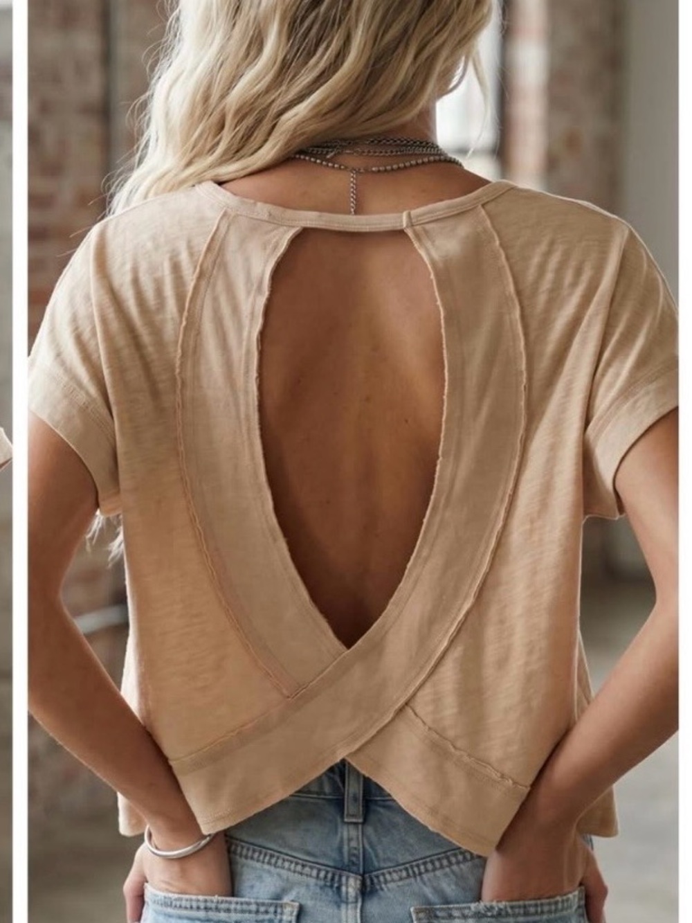 Double Zero Open-Back Short Sleeve Top in Beige - Picture 2 of 2